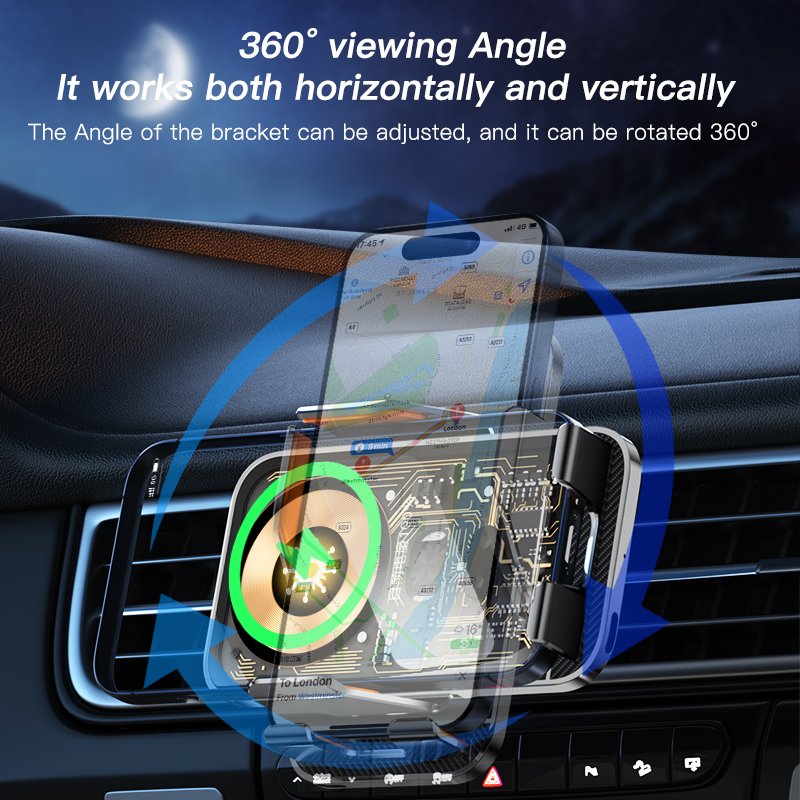 C10 Metal Car Charger 15W Wireless Fast Charging Transparent Glass Auto-Clamping Wireless Charger Auto Sensing Car Phone Holder