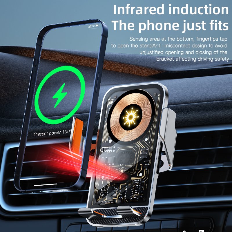 C10 Metal Car Charger 15W Wireless Fast Charging Transparent Glass Auto-Clamping Wireless Charger Auto Sensing Car Phone Holder