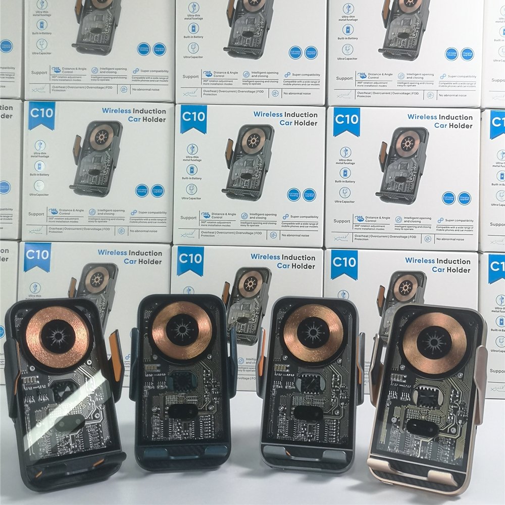 C10 Metal Car Charger 15W Wireless Fast Charging Transparent Glass Auto-Clamping Wireless Charger Auto Sensing Car Phone Holder