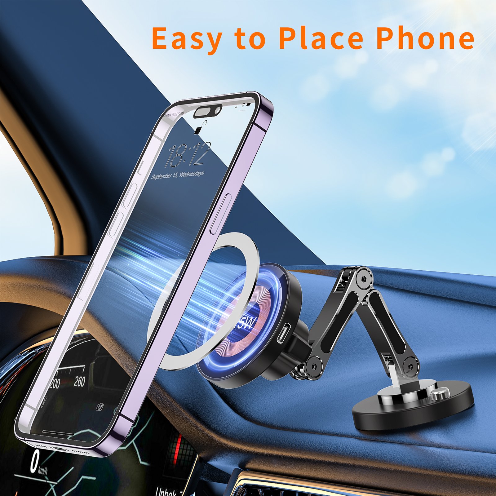 2024 Hot Sell 360 Degree Rotating Car Holder Magnetic Car Mount 15W wireless charge phone holder For iPhone