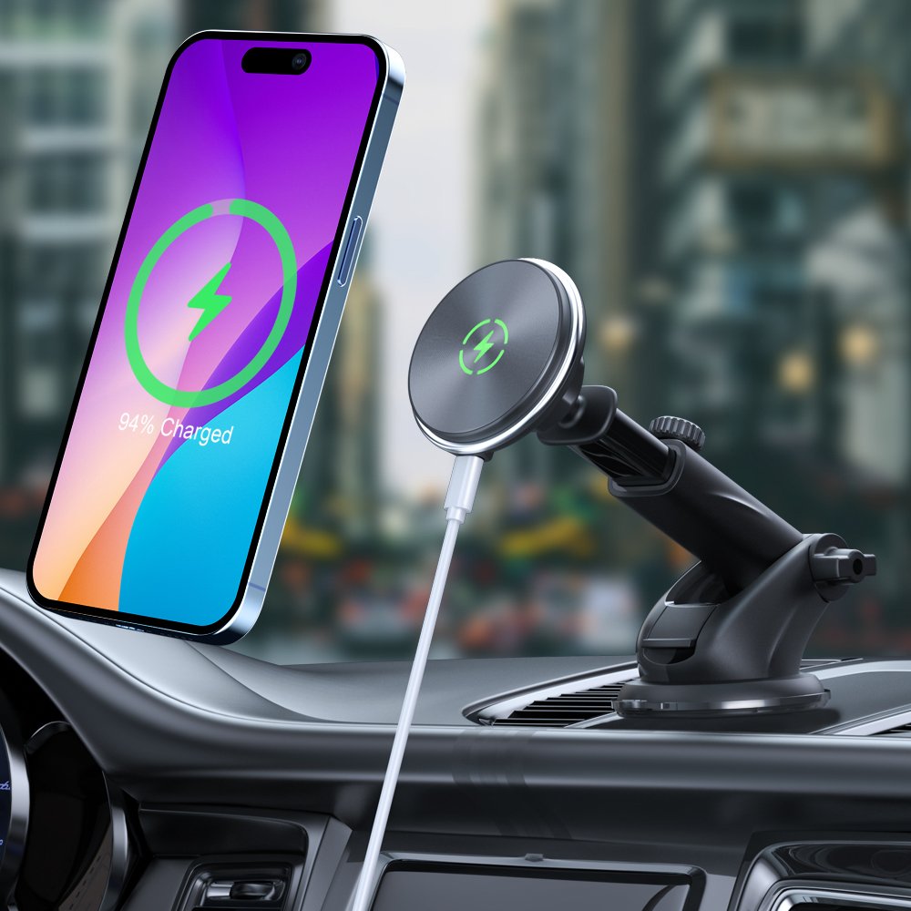 Factory Price New Design Magnetic Wireless Charger Car Phone Holder With Green light Telescopic Arm Dashboard Phone Mount