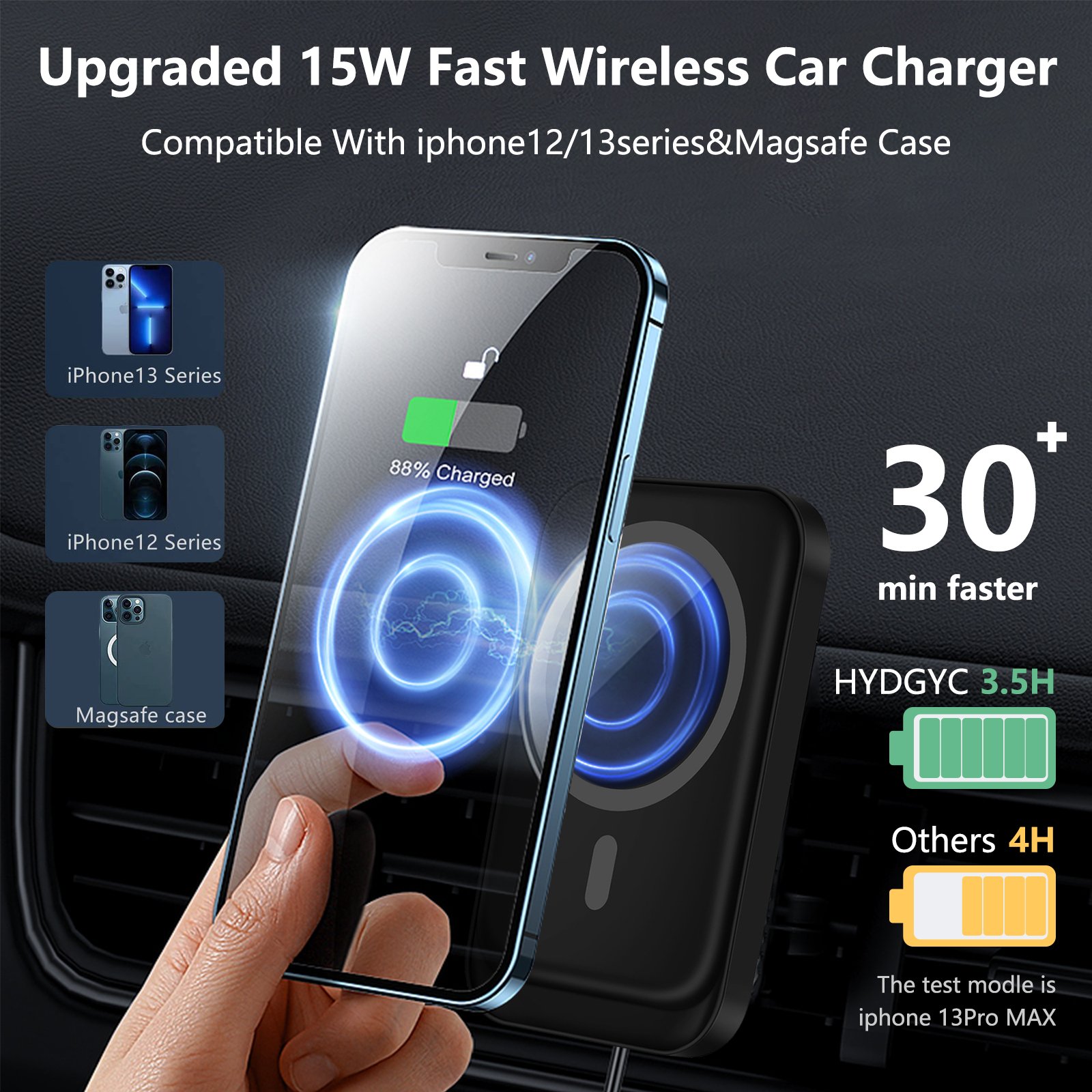 15W Magnetic Car Holder for Air Vent Car Mount Phone Holder Charger for iPhone 13/12 series Wireless Car Charger