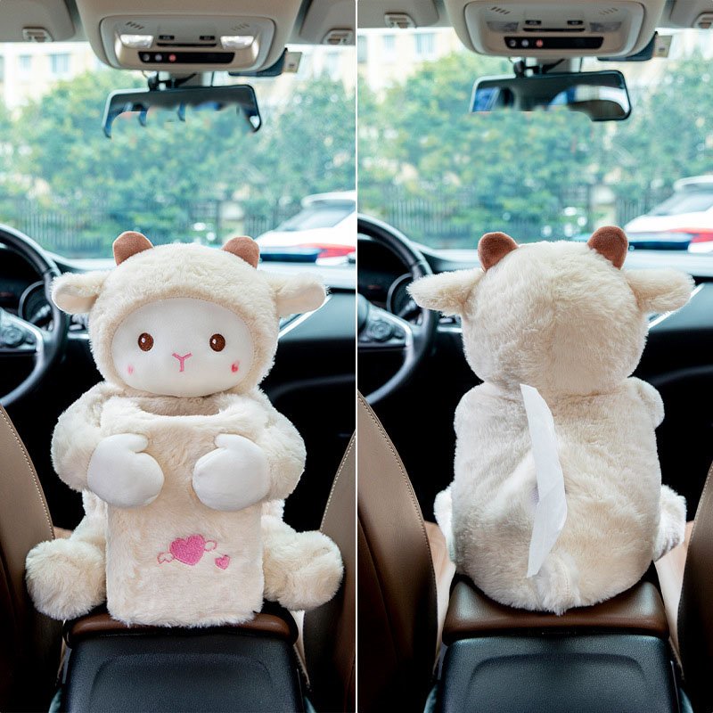2024Cute Plush Car Tissue Box, 2 in 1 Car Tissue Box and Trash Can, Creative Animal Tissue Box Holder for Car,