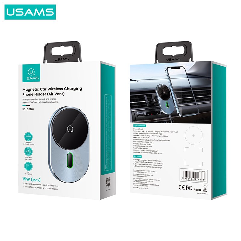 USAMS Best-selling wireless fast mobile phone holder 15w wireless charger car fast wireless car charger