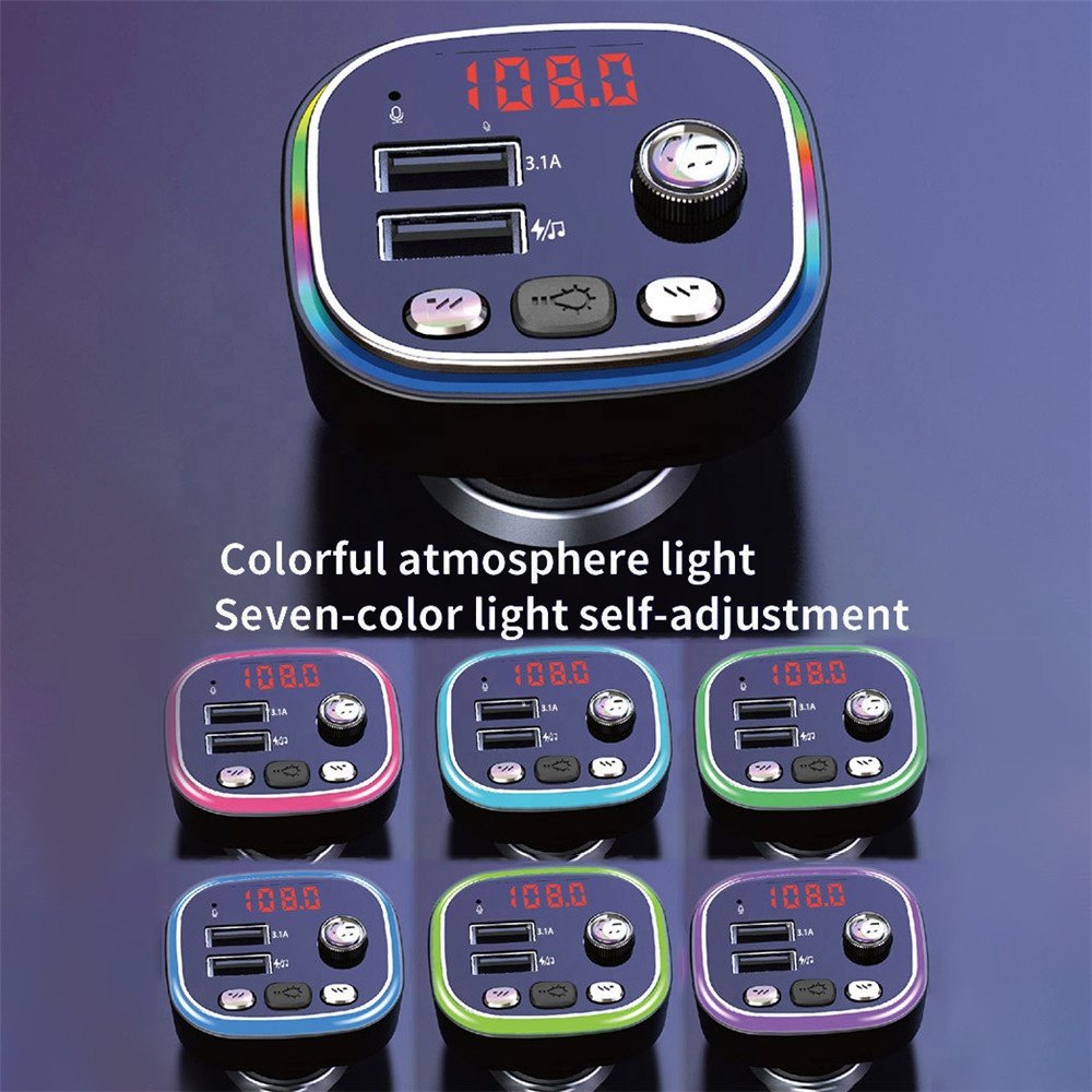 FM Transmitter Hifi Wireless U Disk TF Card Car Play Charging Dual Port RGB Car Charger with Microphone Audio Connection Memory