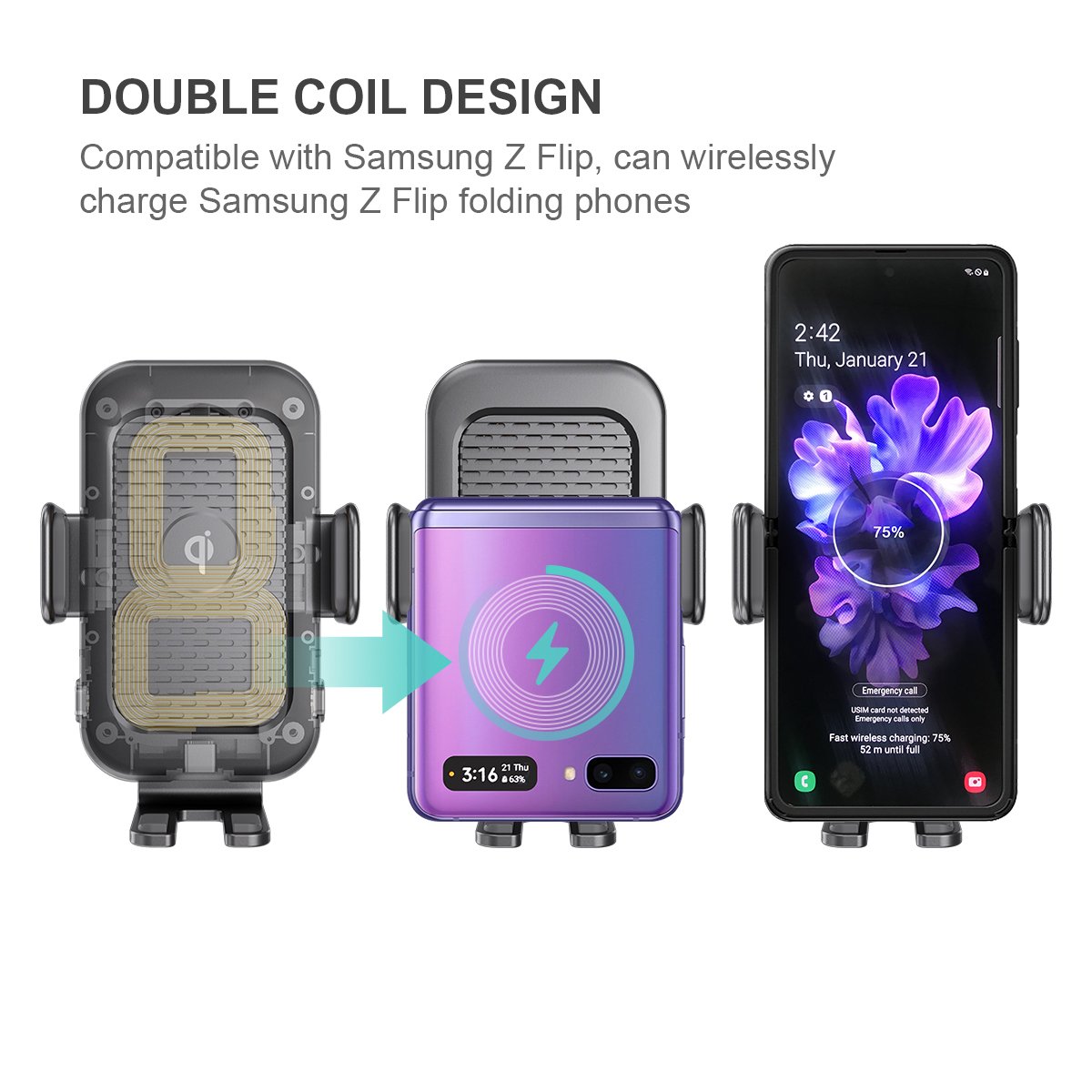 New Products Double Coils Smart Portable Fast Charging Car Phone Holder And Wireless Charger For Samsung Galaxy Z Flip
