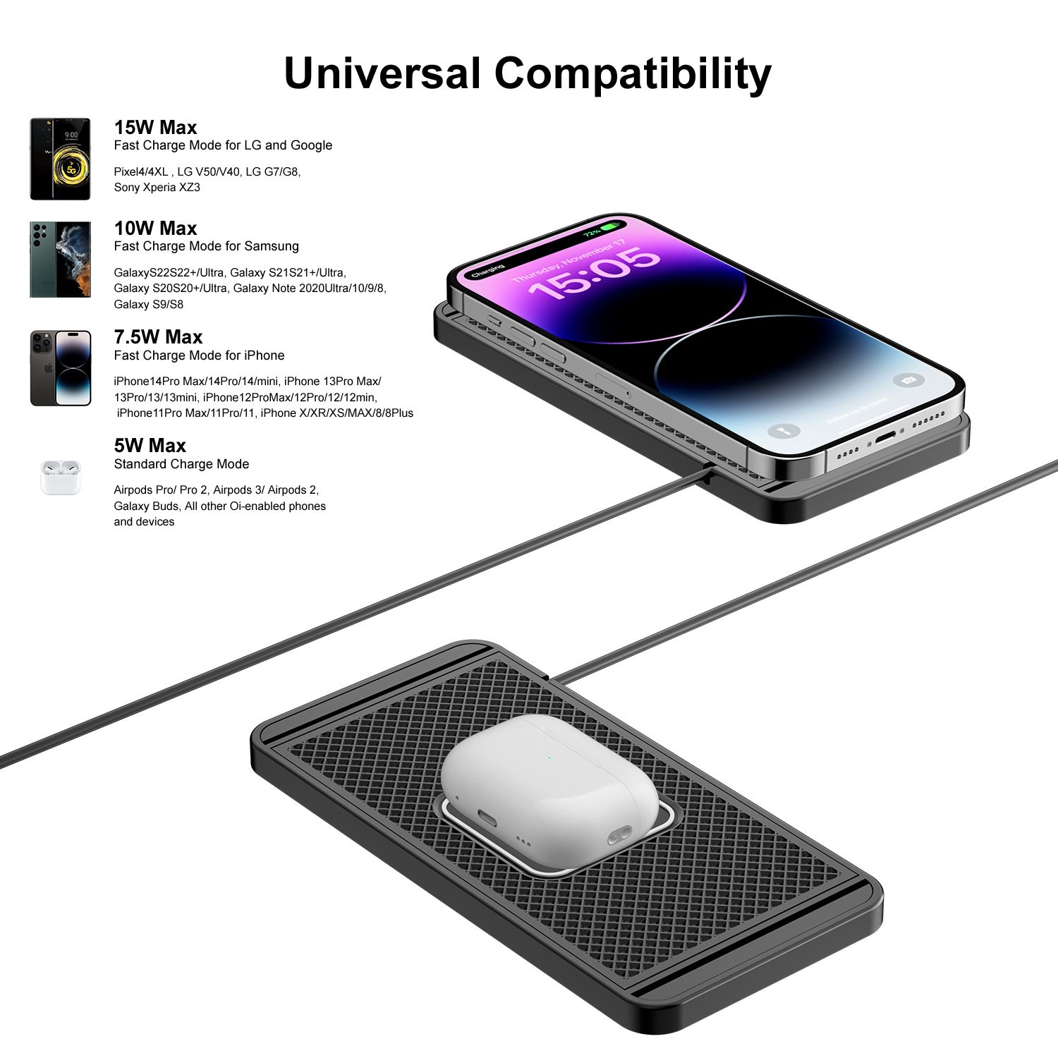 15W Wireless 2 in 1 Quick Charging Mat Home Car Mobile Chargers Pad Charger Adapter Stand Holder