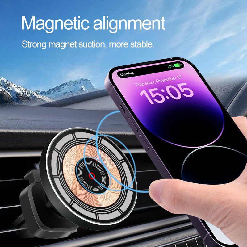 15W CE Certified Magnetic aluminium alloy Car Charger Wireless Charging Car Air Vent Mobile Phone Holder with Transparent Design