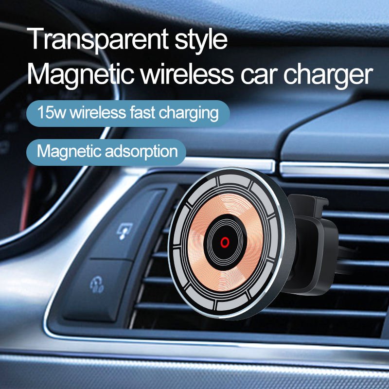 15W CE Certified Magnetic aluminium alloy Car Charger Wireless Charging Car Air Vent Mobile Phone Holder with Transparent Design