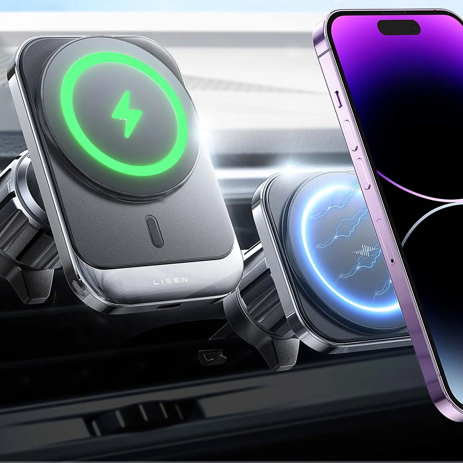 LISEN hot sell Car Mount Charger for iPhone 15, 15W Wireless Charger for iPhone Car Accessories Magnetic Phone Holder Mount