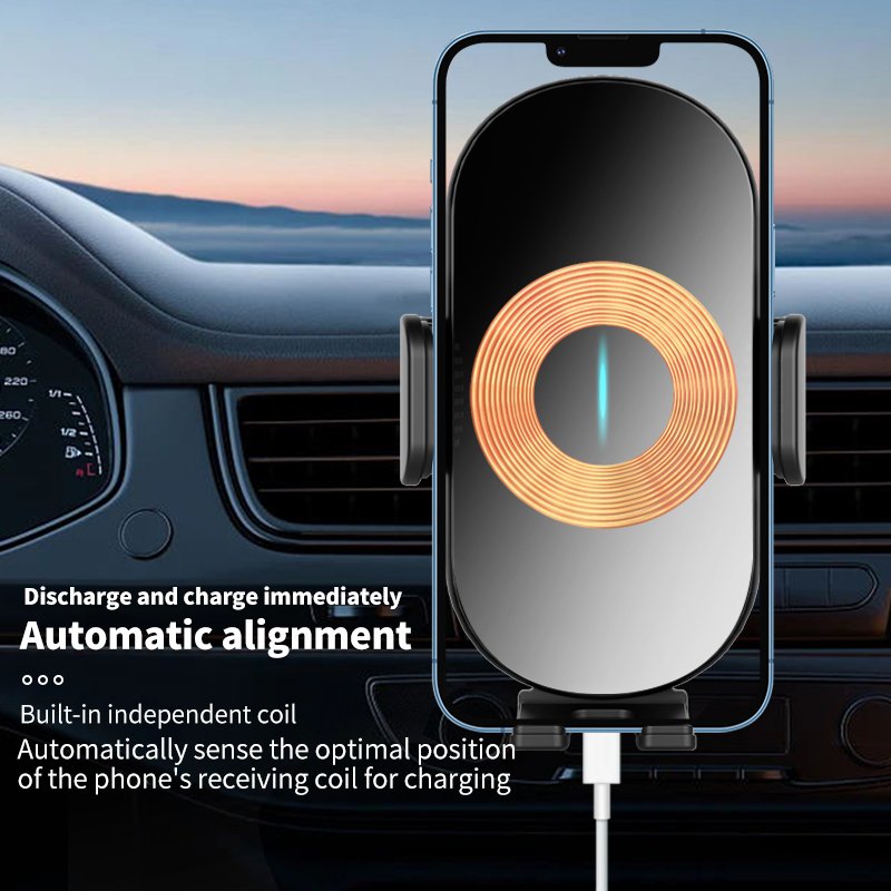 15W wireless fast automatic clamping fast charging car phone holder with dual motor coil automatic alignment