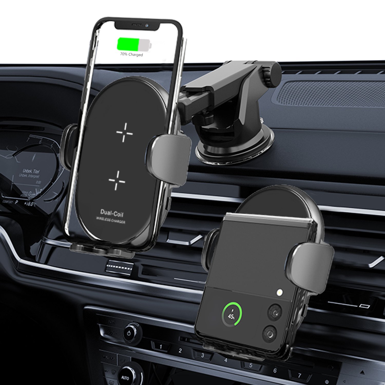 Certification Dual Coils Three Axis Linkage 15W Fast Wireless Car Charger For Samsung Z Flip 4 3 iPhone 12 13 Pro Max