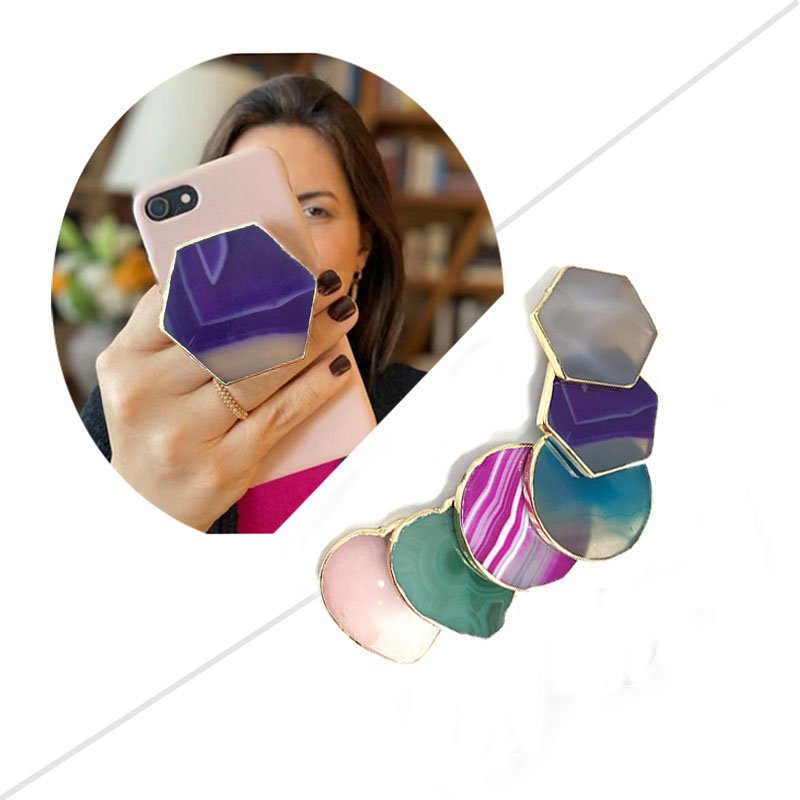 Wholesale gemstone Agate Golden rim and stand case personalizar logo cell custom mobile holder phone grip with grip