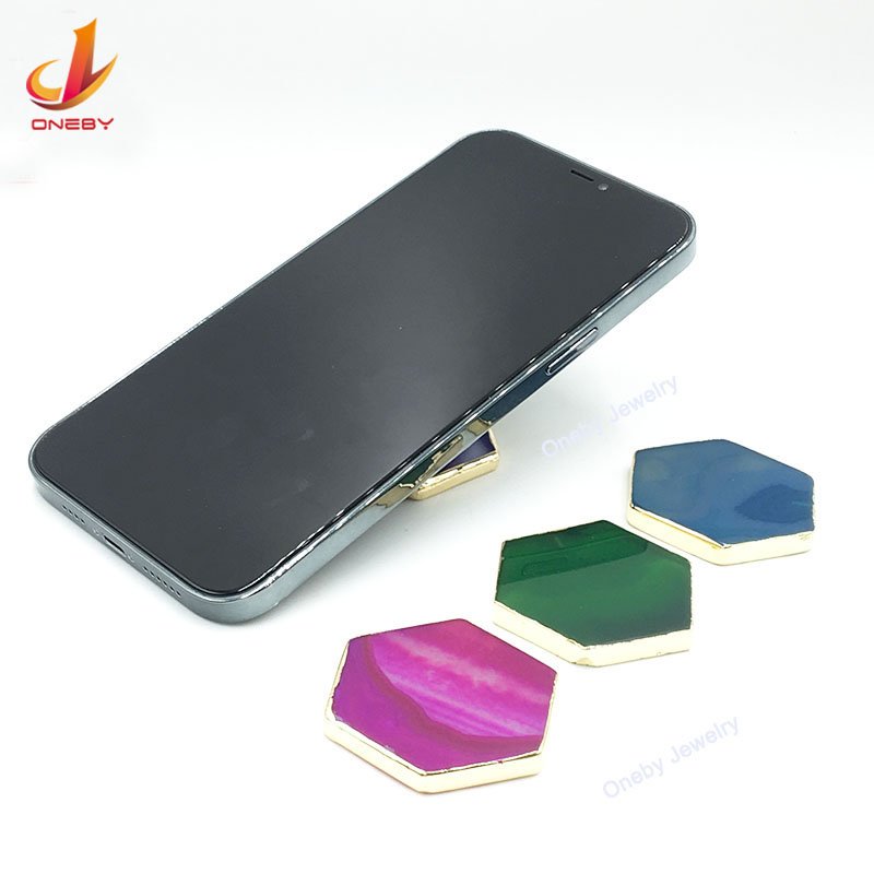 Wholesale gemstone Agate Golden rim and stand case personalizar logo cell custom mobile holder phone grip with grip