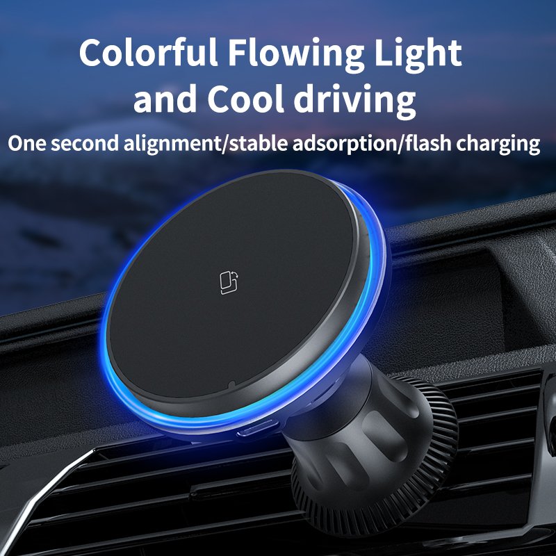 15W Fast Charging Air Vent Phone Holder LED Magnetic Wireless Car Charger for iPhone 15/14/13/12