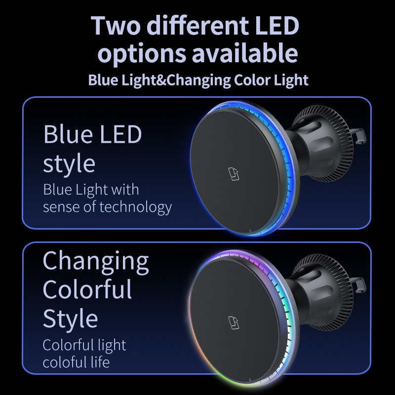 15W Fast Charging Air Vent Phone Holder LED Magnetic Wireless Car Charger for iPhone 15/14/13/12