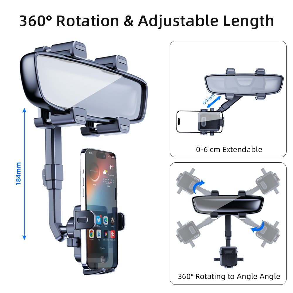 New Arrivals 360 Rotatable Retractable Car Phone Mount Multifunctional Adjustable Universal Car Rearview Mirror Phone Holder