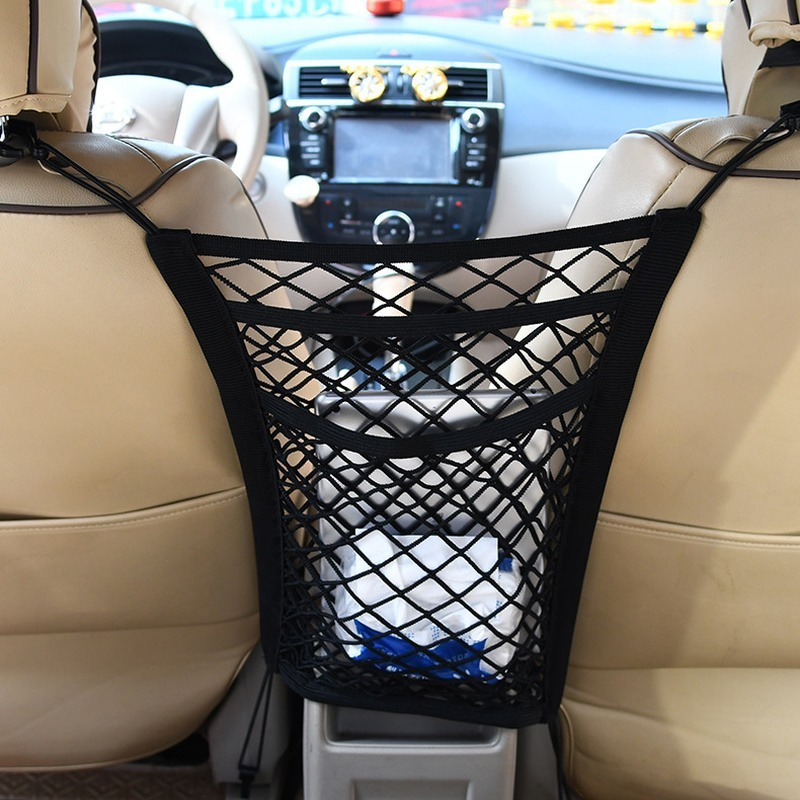 3-Layer Car Storage Net Bag Between Seats Car Divider Pet Barrier Stretchable Elastic Mesh Bag Organizer Auto Accessories
