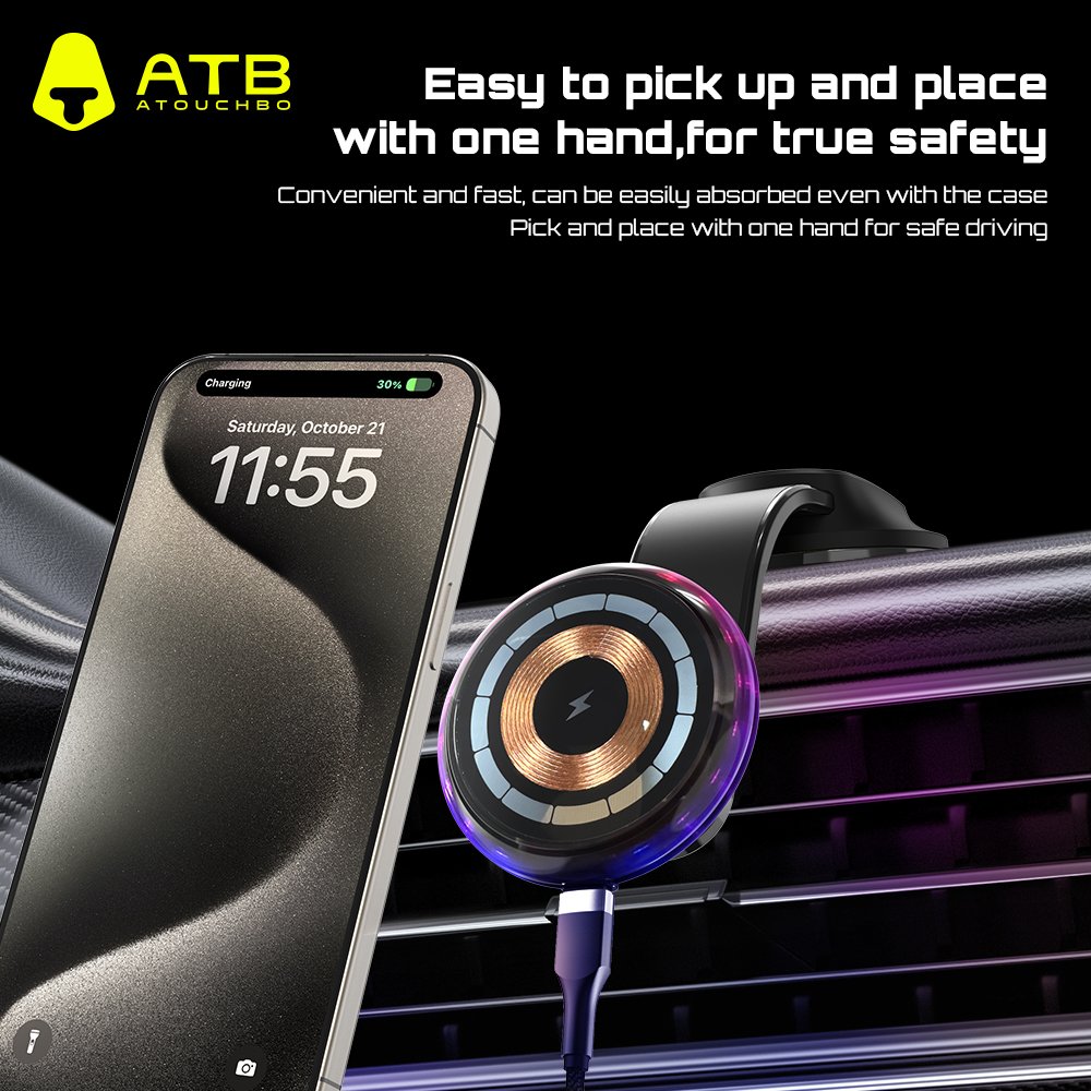 Wireless Car Charger Fast Charging Phone Holder Magnetic Car Holder With Ambient Light Wireless Charging Phone Holder