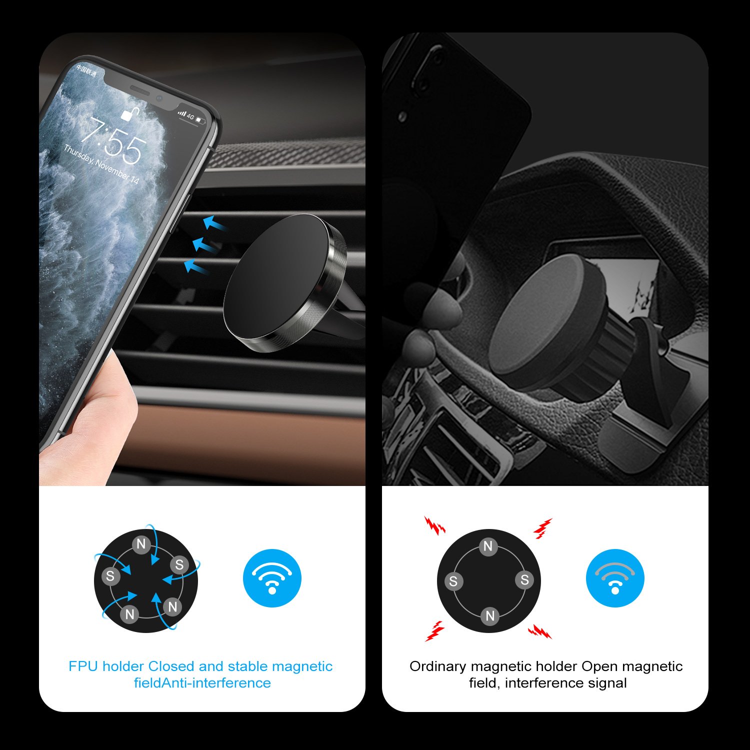 USLION Universal Magnetic Car Phone Holder 360 Rotation Air Vent Mount Aluminum Alloy Smartphone Stand Cell Phone Accessories