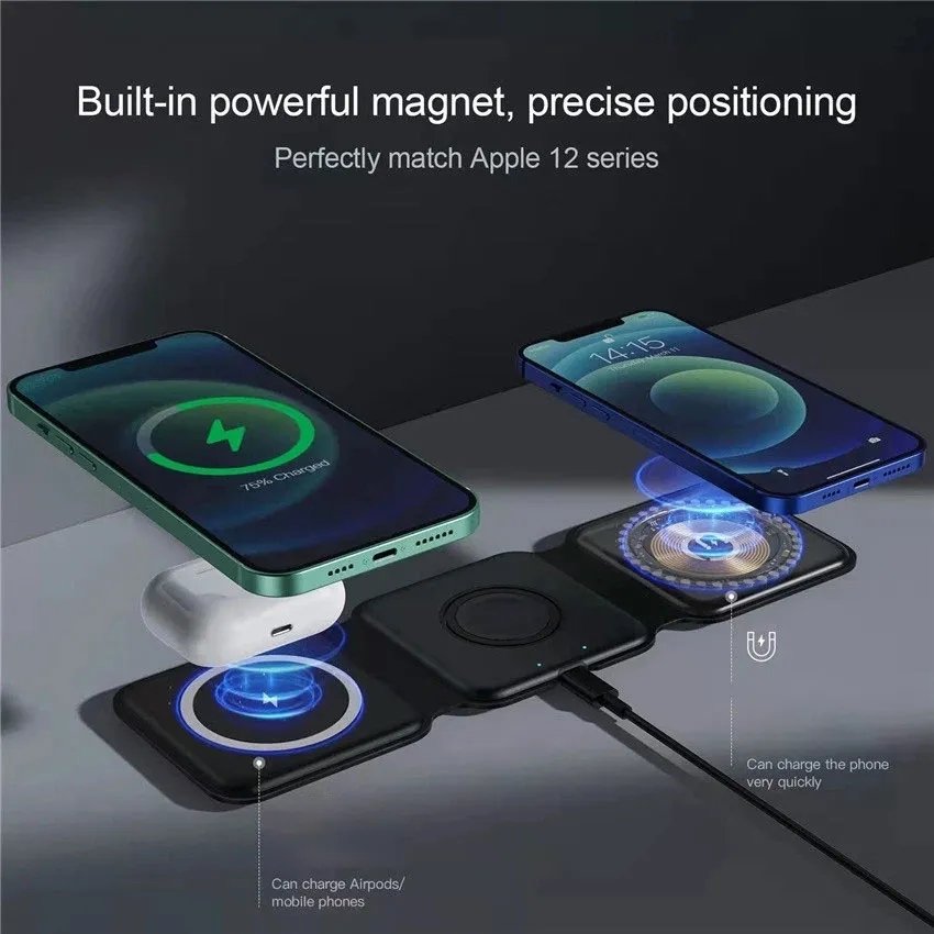 15W 3 in 1 Magnetic Wireless Charger Pad Foldable Phone Chargers Stand For iPhone 14 ,Magnetic Foldable Charging pad for iwatch