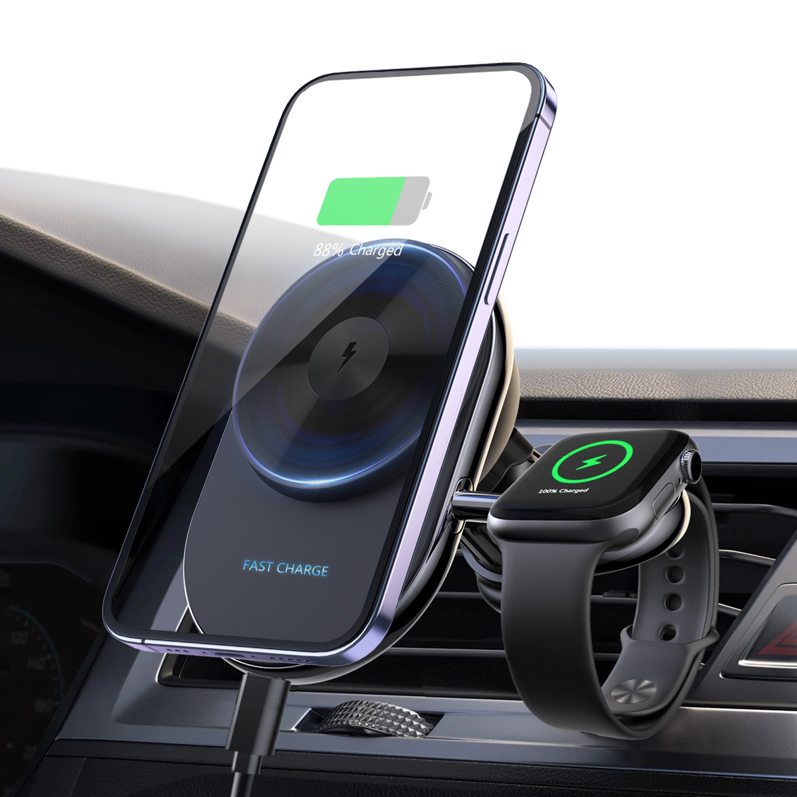 2024 Trending Product 15W 2 in 1 Wireless Car charger For phone Semiconductor Refrigeration Phone Holder For Apple Watch Charger