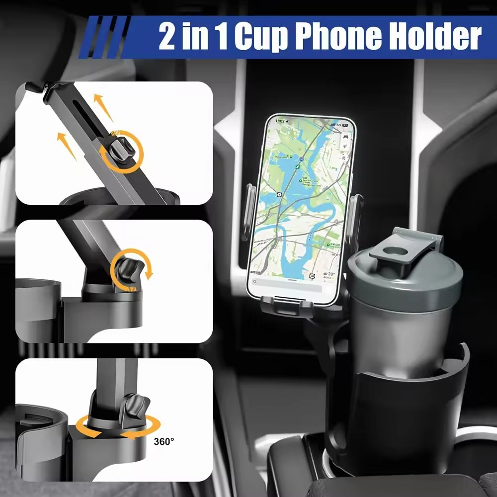 Car Cup Holder Expander Adjustable Base With Phone Mount 360 Rotation Cup Holder Cell Phone Holder For Car Compatible