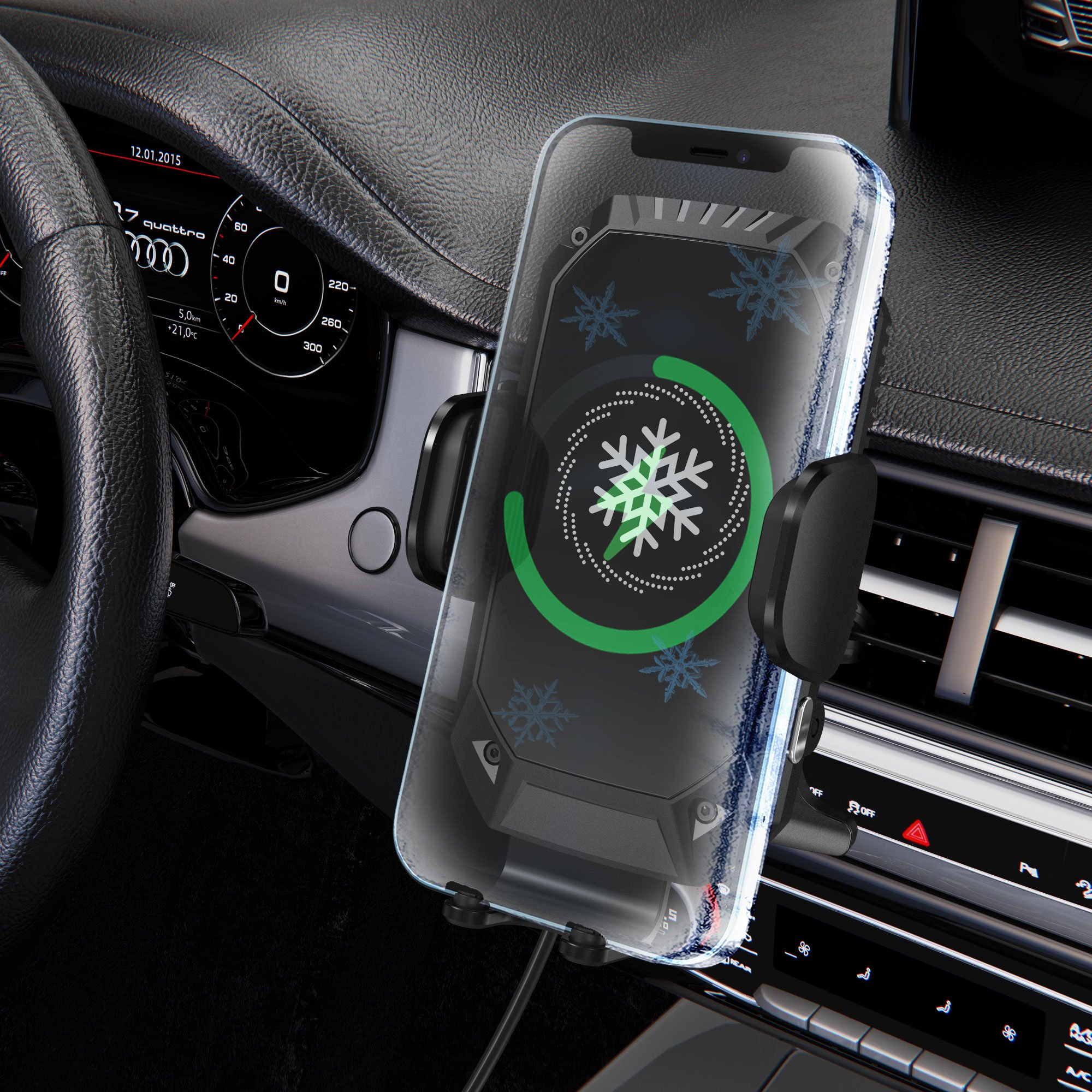 KC 15W Electronic Refrigeration Wireless Car Charger built-in smart cooling fan with colorful light for iPhone 12/13/14