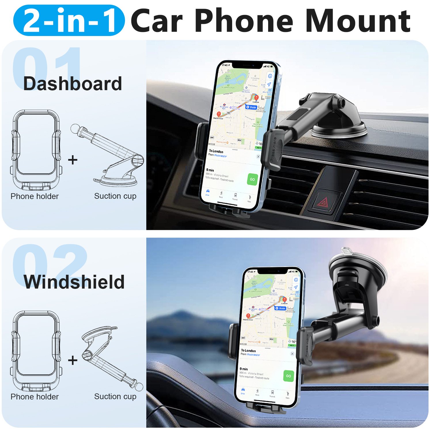 Dashboard Car Mount 360 Rotation Cell Phone Holder Phone Car Holder Universal Windshield Mobile Phone Car Mount Holder
