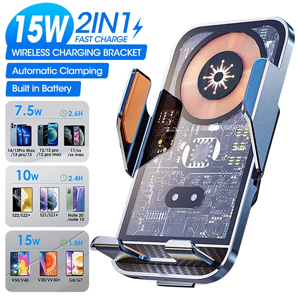 15w Transparent Glass Wireless Car Charger Charging Phone Holder Auto-clamping Car Mount Fast Car Wireless Charger For All Phone