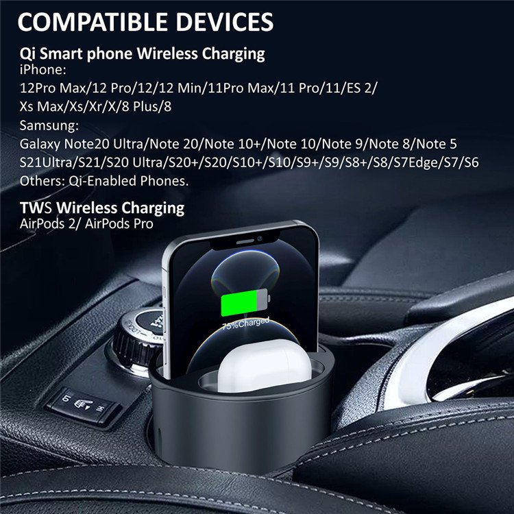 15W Wireless Fast Charging Car Charger Cup For iPhone 15 14 13 12 11 Pro Max SamSung S21/S20/Note 10 Plus/Note 9 Car Cup Holder