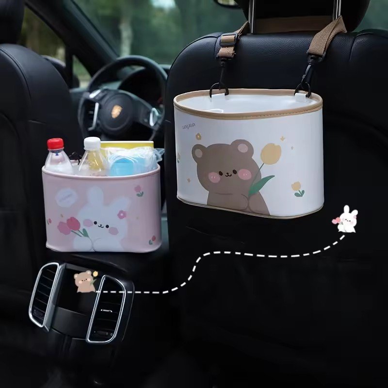 2025 Cartoon bear car mounted storage box Leather printing storage bucket Multi-functional car storage box