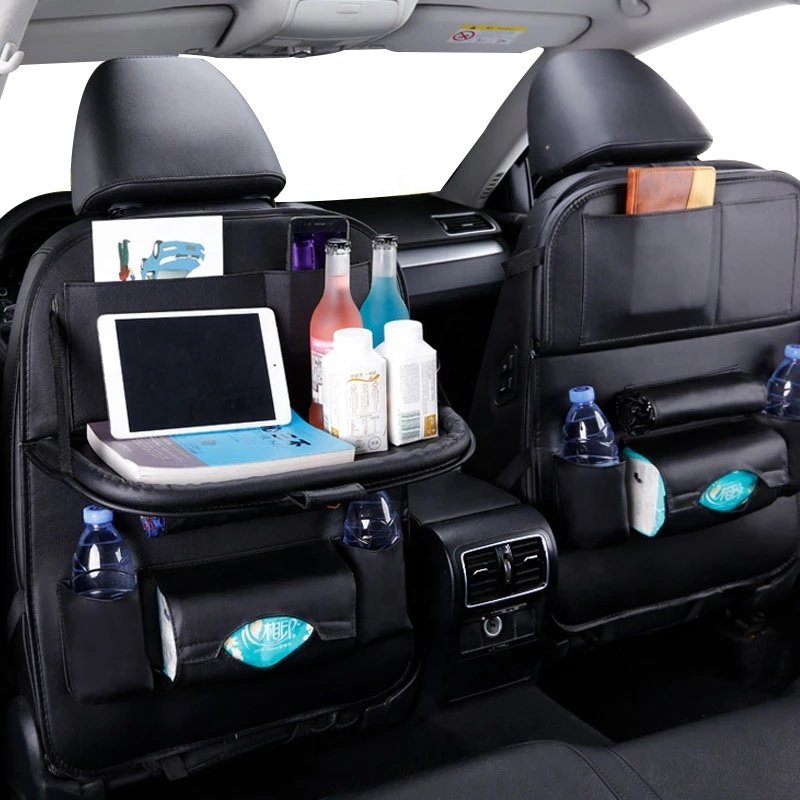 Luxury PU Leather Car Seat Back Folding Table Auto Car Detailing Organizer with Tablet Holder-Car Seat Storage bag