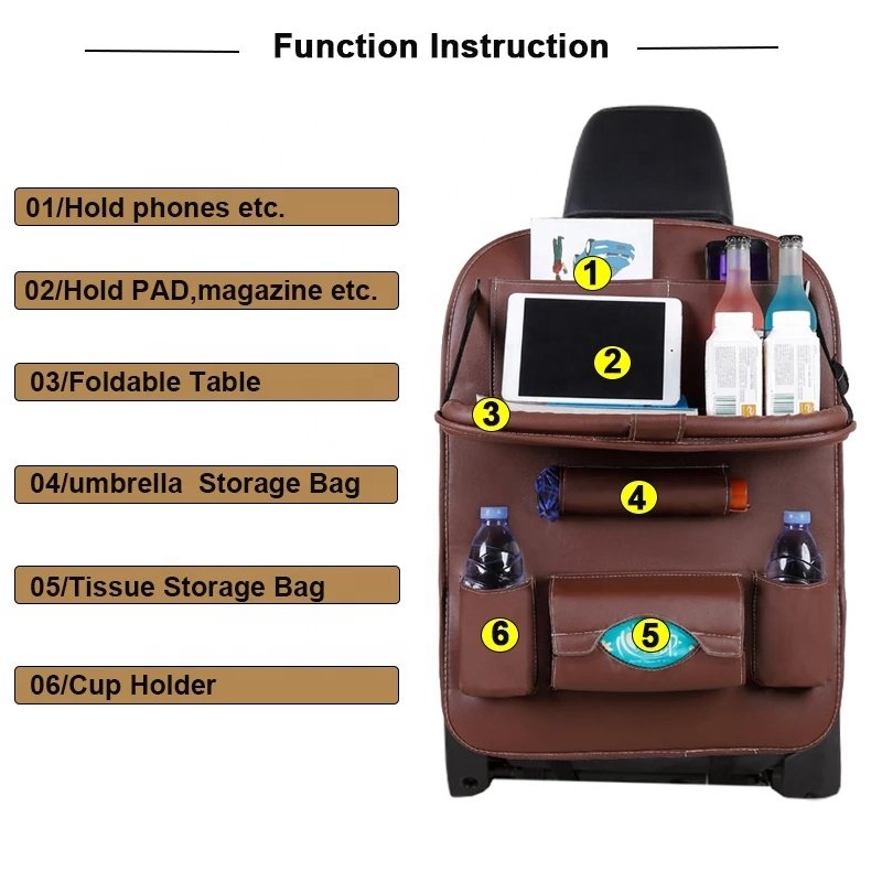 Luxury PU Leather Car Seat Back Folding Table Auto Car Detailing Organizer with Tablet Holder-Car Seat Storage bag