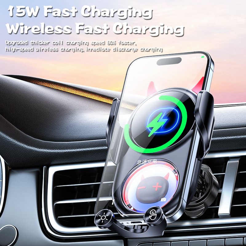 15w fast charging Little devil cartoon design Mobile Phone Car Holder Wireless Car Charger Mount two illuminated LOGO