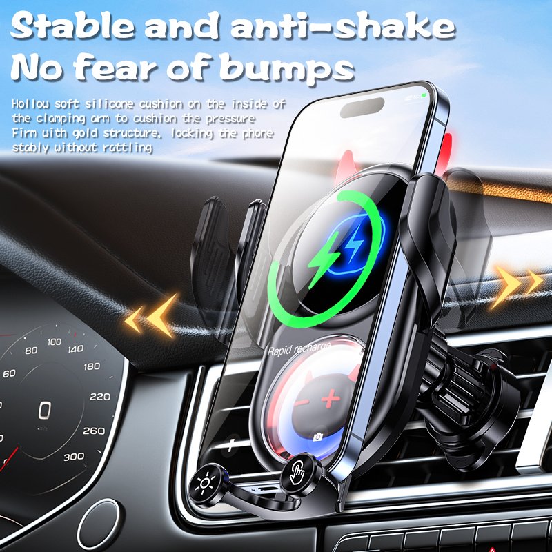 15w fast charging Little devil cartoon design Mobile Phone Car Holder Wireless Car Charger Mount two illuminated LOGO