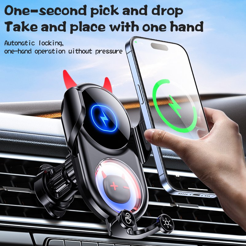 15w fast charging Little devil cartoon design Mobile Phone Car Holder Wireless Car Charger Mount two illuminated LOGO