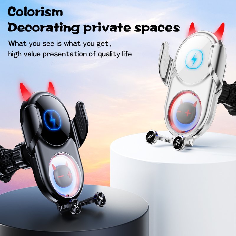 15w fast charging Little devil cartoon design Mobile Phone Car Holder Wireless Car Charger Mount two illuminated LOGO