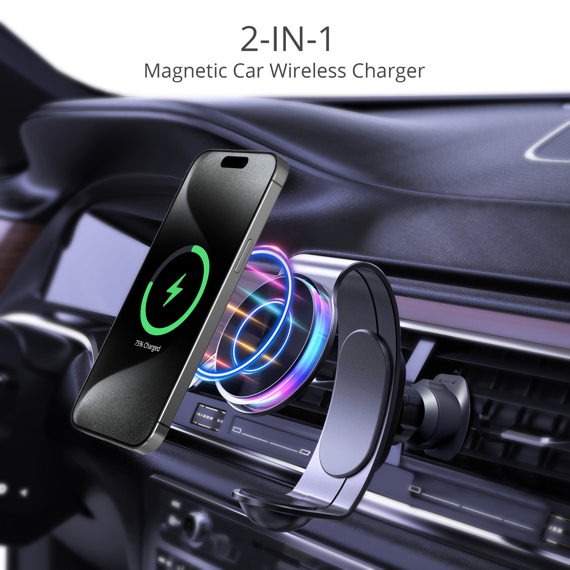 2024 15W Fast Car Phone Holder Wireless Charger 2 in 1 Magnetic Wireless Car Charger for iPhone Mobile Phone and Smart Watch