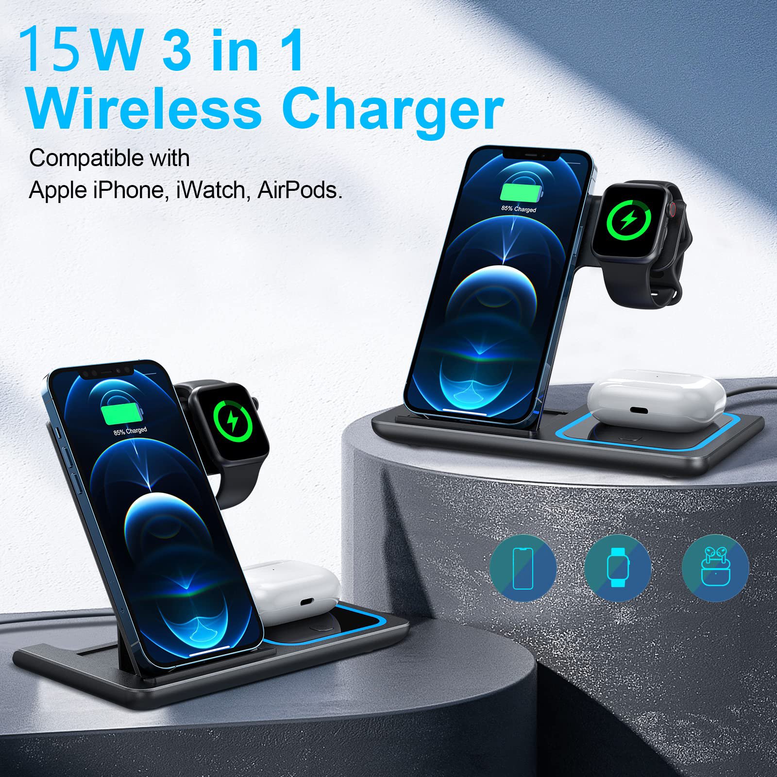 FUSUCTE 3 in 1 Wireless Chargers 15W Fast Charging Stand Portable Wireless Charger For IPhone Watch Airpod