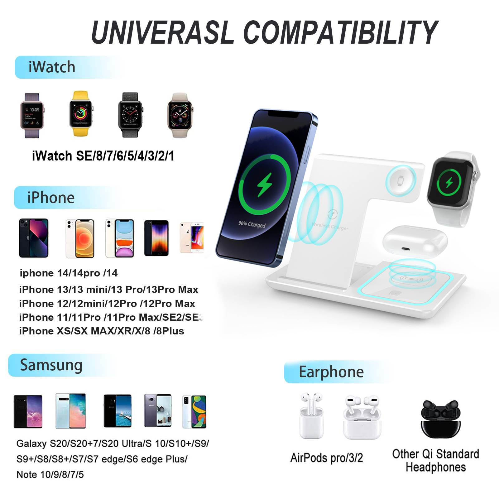 FUSUCTE 3 in 1 Wireless Chargers 15W Fast Charging Stand Portable Wireless Charger For IPhone Watch Airpod