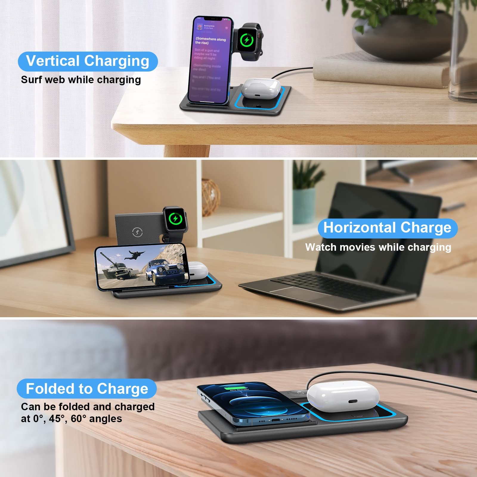 FUSUCTE 3 in 1 Wireless Chargers 15W Fast Charging Stand Portable Wireless Charger For IPhone Watch Airpod