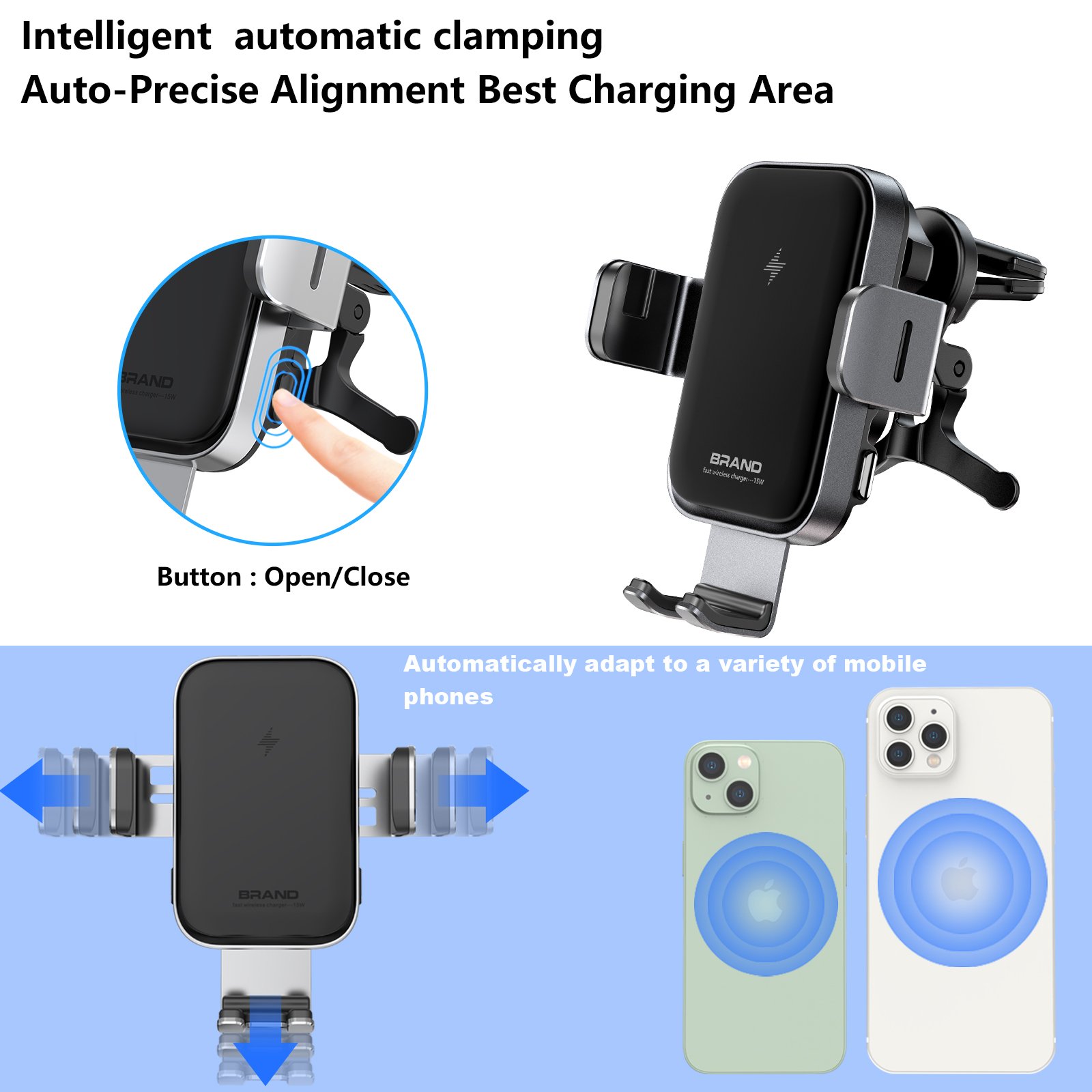 2024 Electronics Accessories 15w Smart Phone Holder Air Vent Car Mount Wireless Charger
