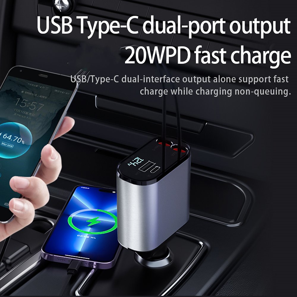 New Fast Retractable Car Charger TYPE-C Car Charger Fast Charge 60w 2 Retractable Cables And Usb Port Car Charger Adapter