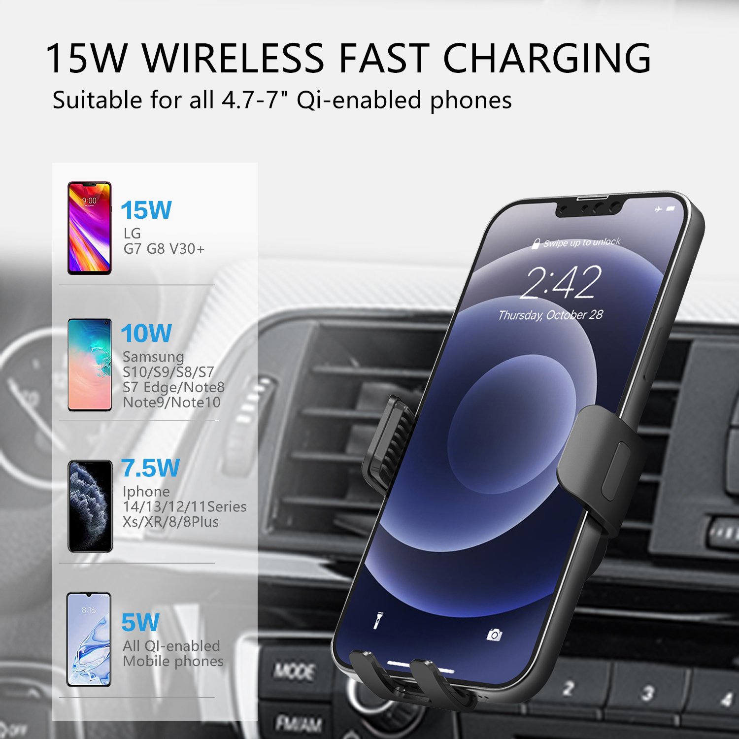 15W Car Phone Holder Dashboard Mount Smart Sensor Automatic Lock Qi Wireless Car Charger Car Holder Wireless Charger