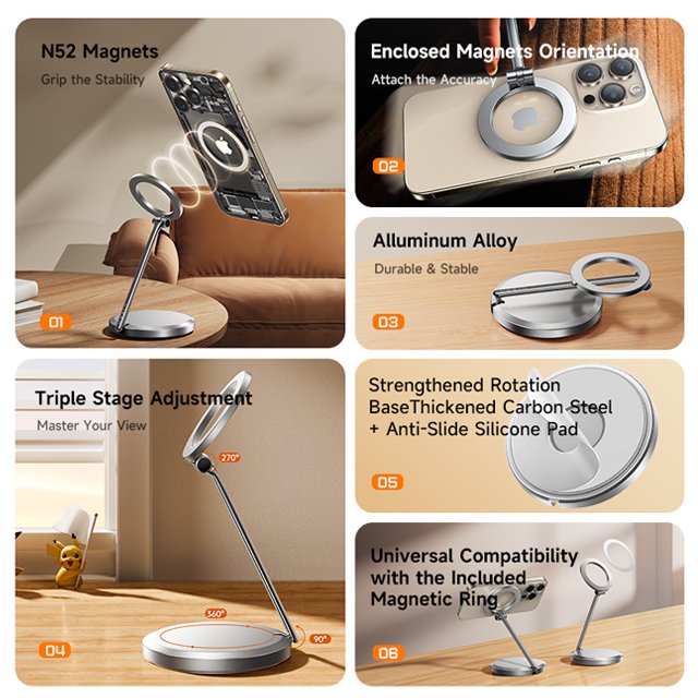 LISEN Hot Selling Magnetic Adjustable Phone Stand Holder 360 Rotating Zinc Alloy Desktop Tablet Mount for IPhone 16