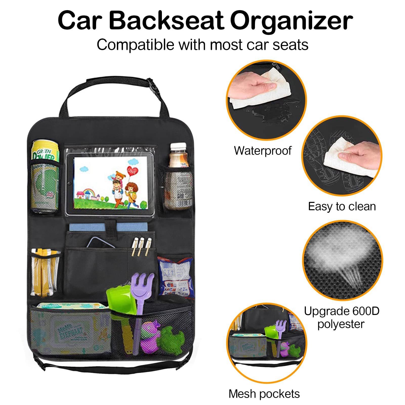 QEEPEI Kids Durable Waterproof Oxford Fabric backseat organizer with Touchable Tablet Holder 8 Mesh Pockets and 2 Pockets