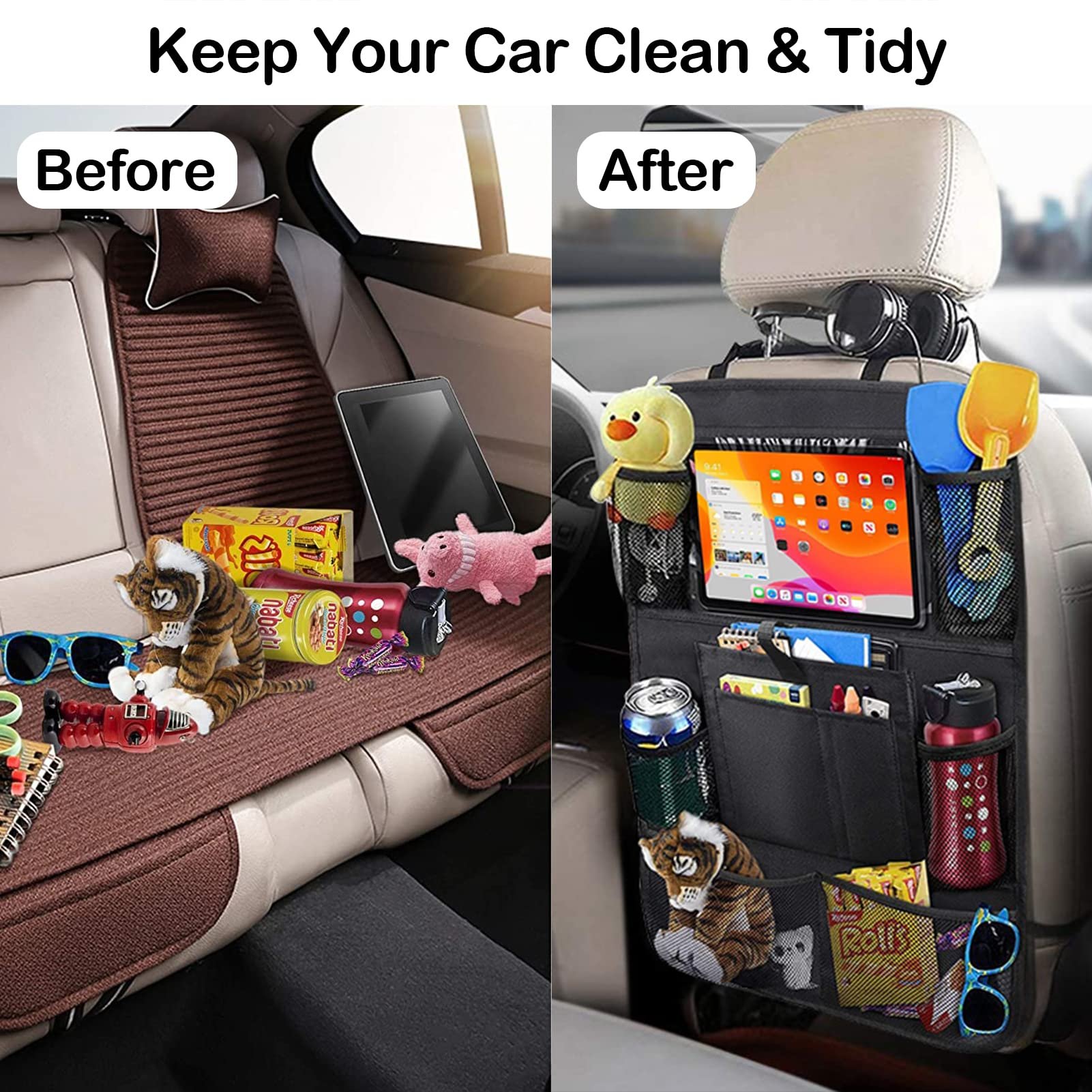 QEEPEI Kids Durable Waterproof Oxford Fabric backseat organizer with Touchable Tablet Holder 8 Mesh Pockets and 2 Pockets
