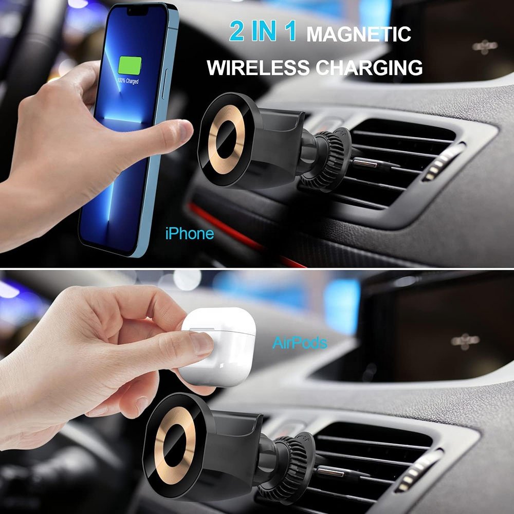 High-Speed 2-in-1 Magnetic Wireless Car Charger Fast USB Electric Charger for Earphones and Air Vent Phone Holding