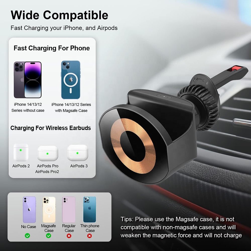 High-Speed 2-in-1 Magnetic Wireless Car Charger Fast USB Electric Charger for Earphones and Air Vent Phone Holding